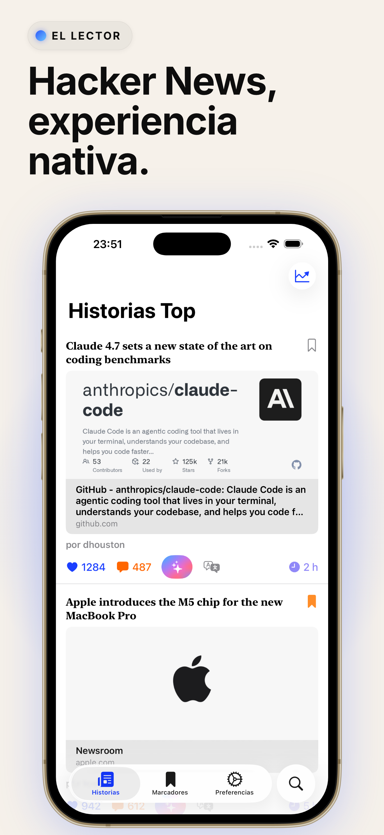 Hack The News - Hacker News, experiencia nativa.
