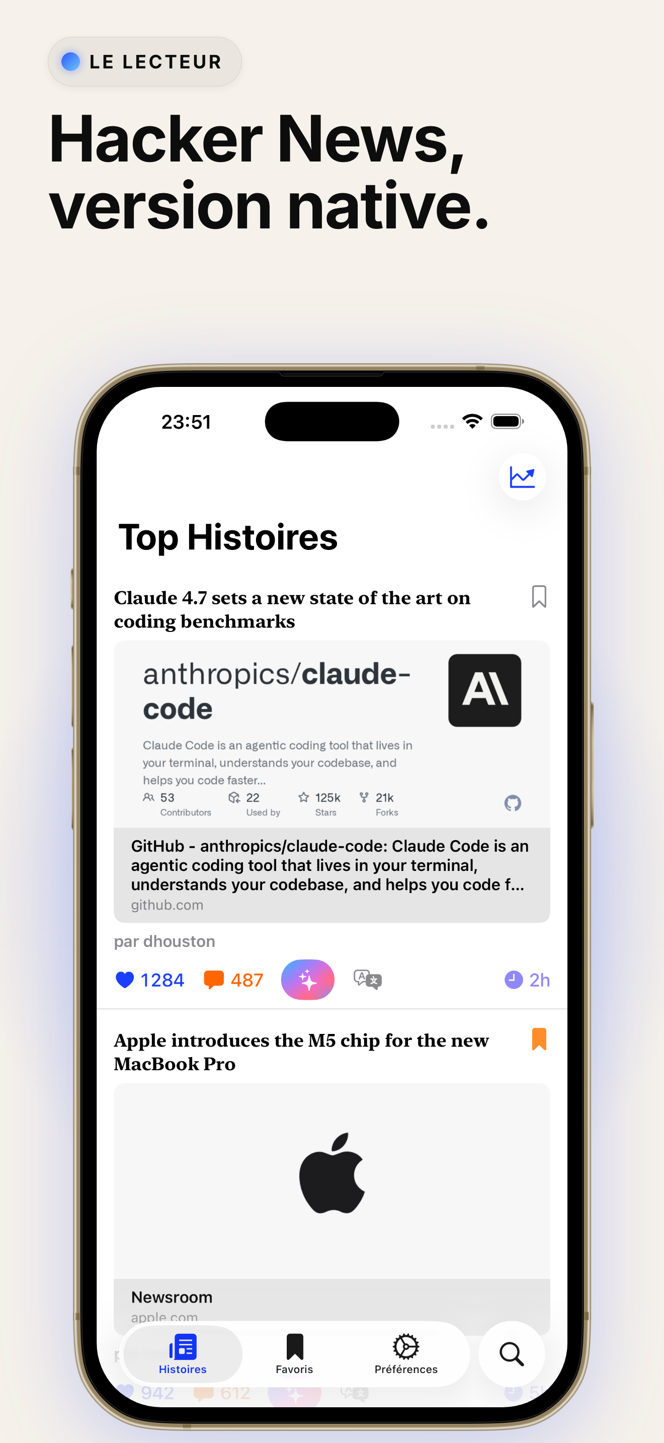 Hack The News - Hacker News, version native.