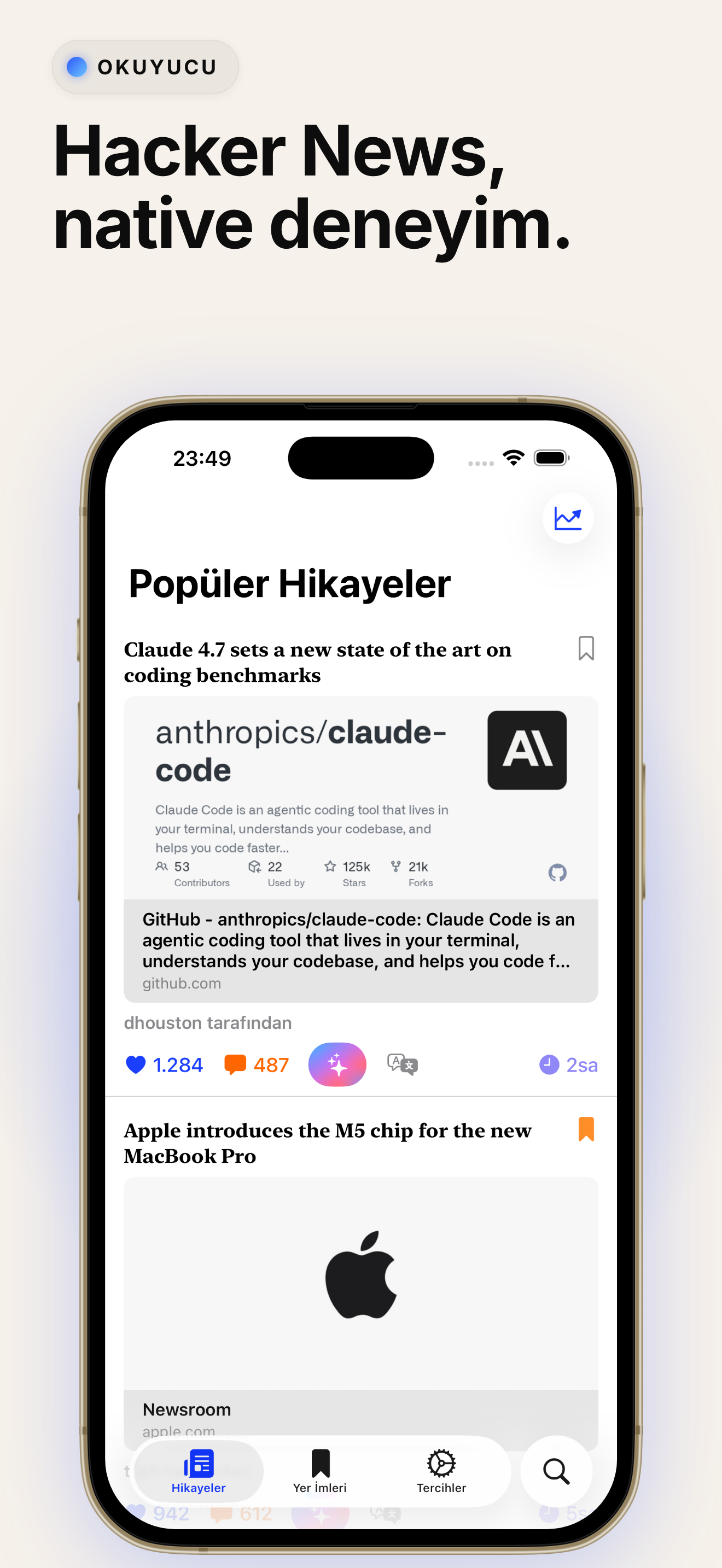 Hack The News - Hacker News, native deneyim.